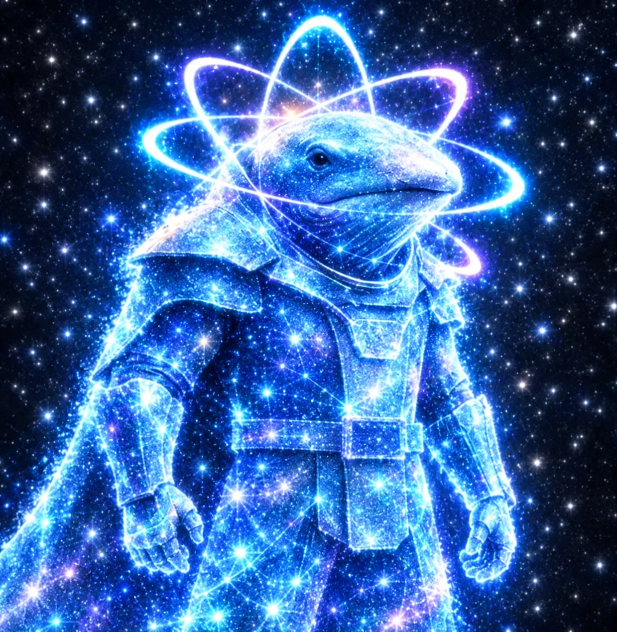 A luminous blue cosmic whale in armor with atomic rings floating around its head